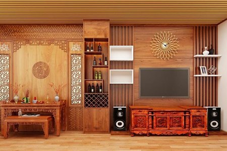Vách ban thờ kết hợp với vách phòng khách đẹp rẻ sang trọng tại Hải Phòng