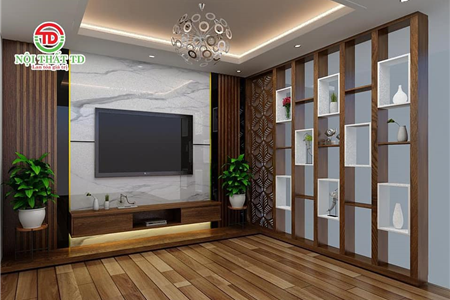 vách kệ tivi kết hợp vách cầu thang