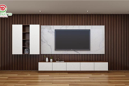 20 mẫu kệ tivi treo tường kết hợp vách ốp tivi sang trọng hiện đại
